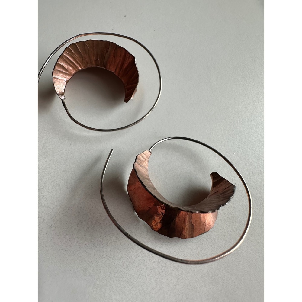 Artisan Mixed Metal Hammered Copper Spiral Hoop Earrings Boho Statement Jewelry